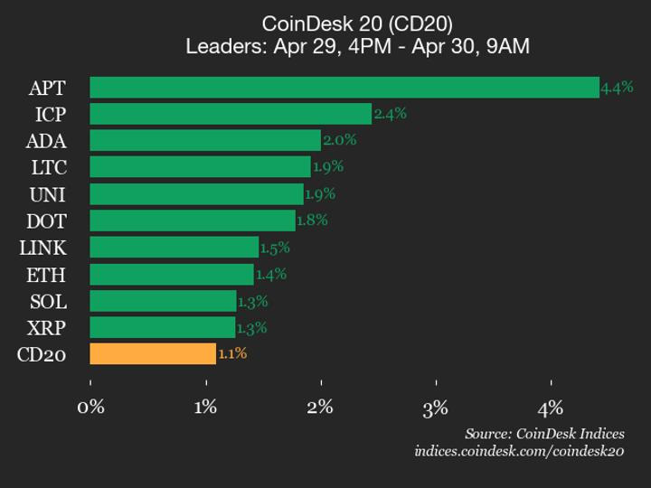 CoinDesk 20 Climbs 1.1% as APT, ICP Lead 19-Asset Rally