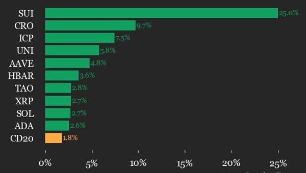 SUI Leads CoinDesk 20 Index with 25% Weekend Surge
