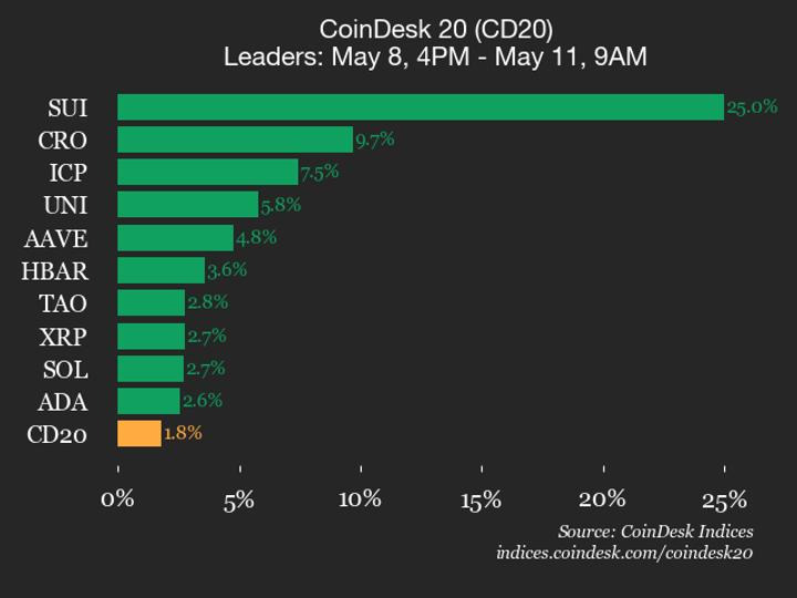 SUI Leads CoinDesk 20 Index with 25% Weekend Surge