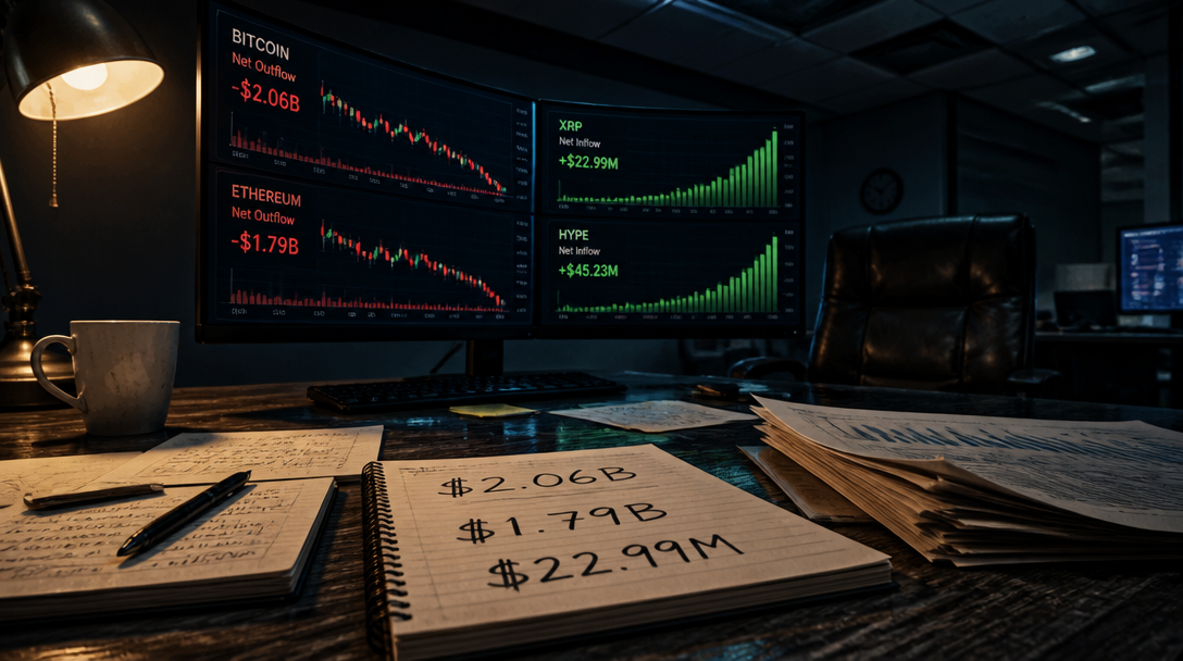 Bitcoin, Ethereum ETFs See $2.06B Outflow as XRP, HYPE Gain