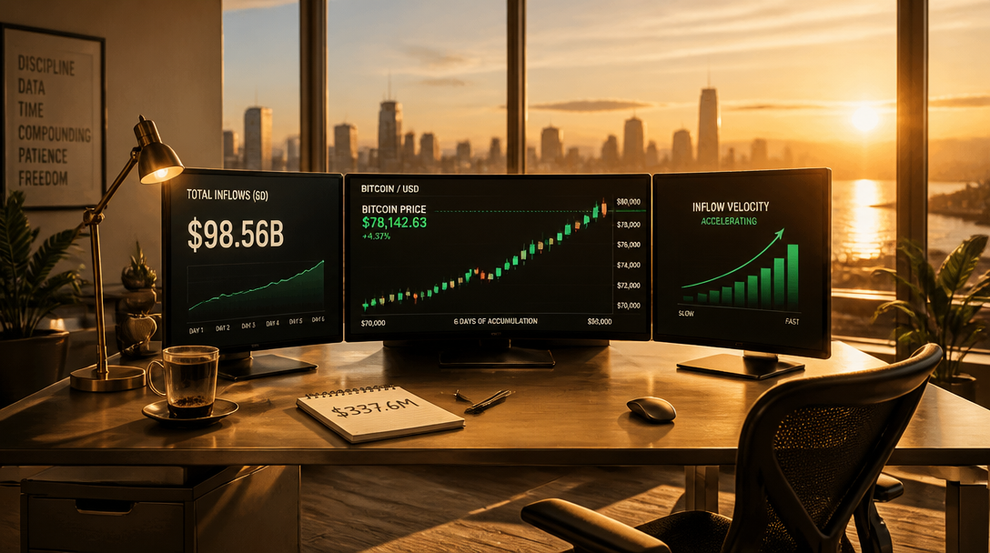 Bitcoin ETFs Hit $98.56B as Six-Day Inflow Streak Continues